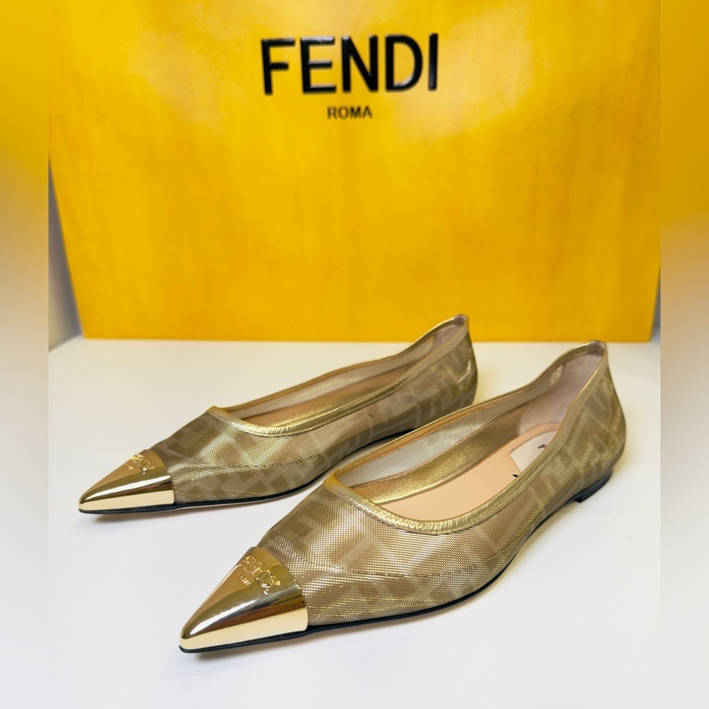 Fendi Colibri FF Mesh Ballerina Flats Gold Pointed Logo Engraved Metal Size 37 - Picture 6 of 15